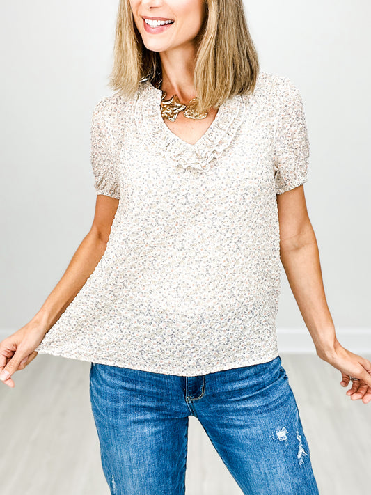 Floral Split V-neck Puff Short Sleeve Top