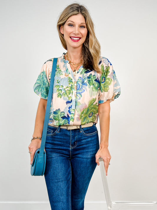 Floral Short Puff Sleeve Button Down Top