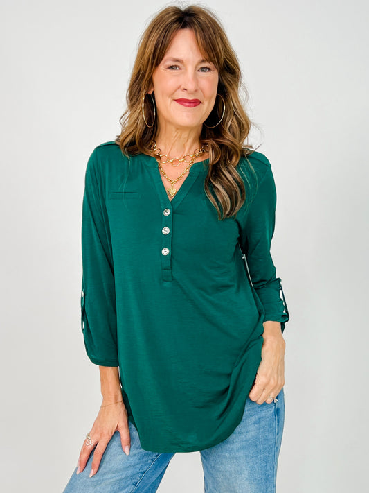 Solid 3/4 Sleeve Lizzy Top in Jewel Green