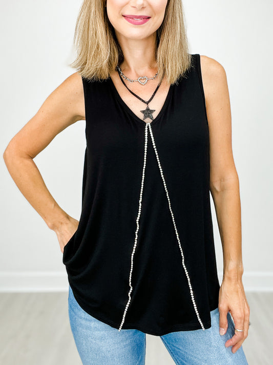 Sleeveless V-Neckline Top with Vertical Stone Trim Down Front