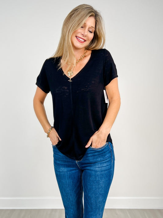 Short Sleeve Slub Knit Split Center Tee