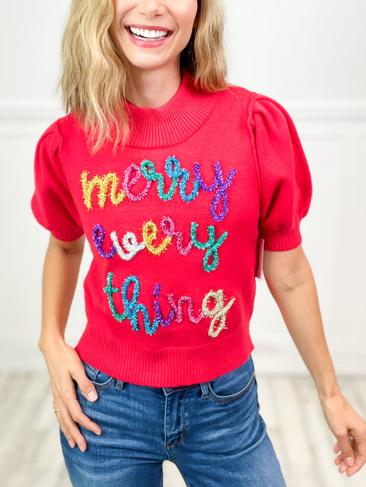 "Merry Everything" Short Puff Sleeve Sweater Top