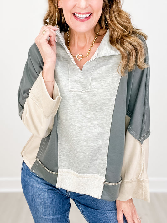Long Sleeve Color Blocked Outseam Sweatshirt Top