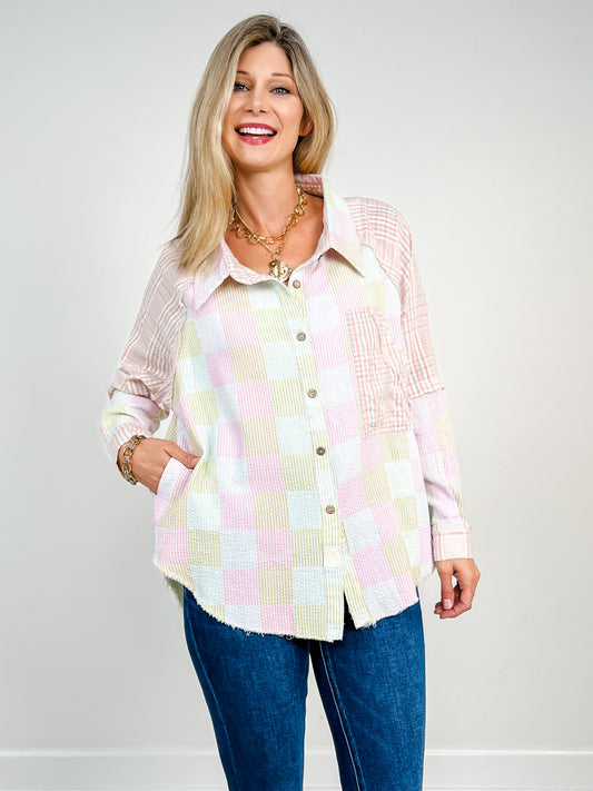 Button Front Washed Seersucker Long Sleeve Top