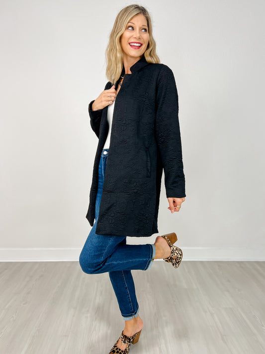 Jacquard Textured Midi Coat in Black