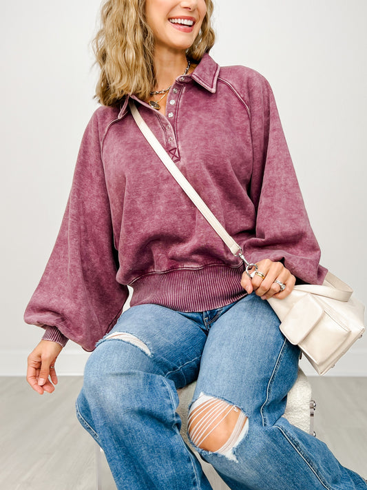 Acid Wash Fleece Button Up Collared Pullover