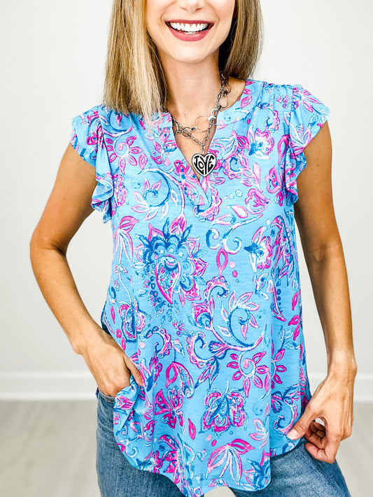 Lizzy Flutter Sleeve Tank with Mandarin Collar and Back Pleats