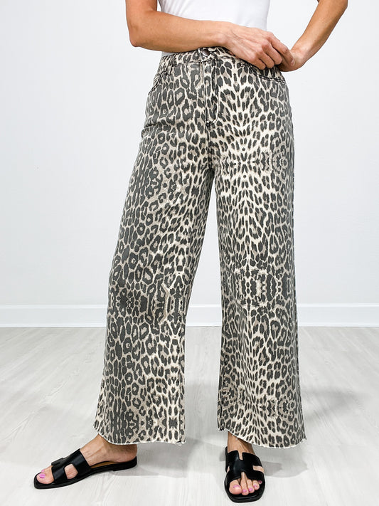 Wide Leg Animal Print Twill Pants with Raw Hem