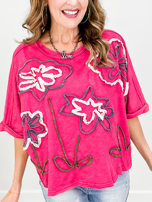 WASHED FLOWER APPLIQUE SHORT SLEEVE KNIT TOP