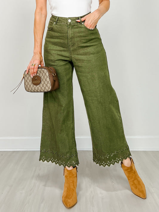 High Waist Ankle Length Scalloped Hem Pants