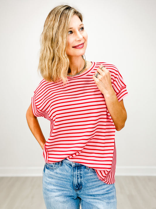 Soft Waffle Texture Striped Short Sleeve Top