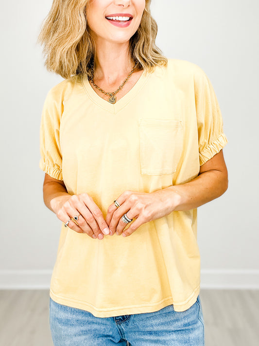 Garment Wash V-Neck Elastic Sleeve Top