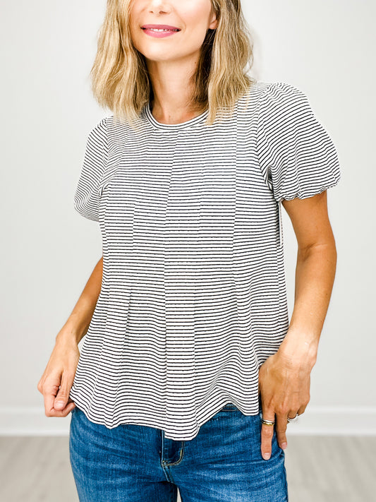 Short Sleeve Pleat Detail Striped Knit Top
