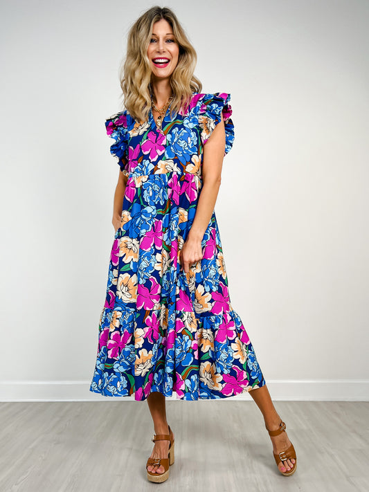 Smock Shoulder Ruffle Sleeve Floral Midi Dress