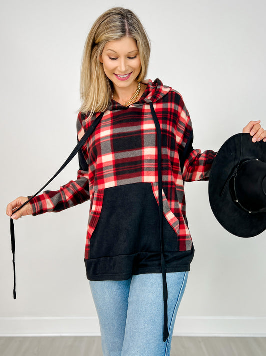 Plaid Knit Hooded Top with Kangaroo Pouch