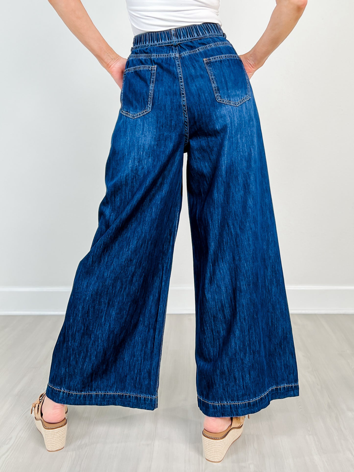 High Waisted Wide Leg Denim Pants Self Tie Belt