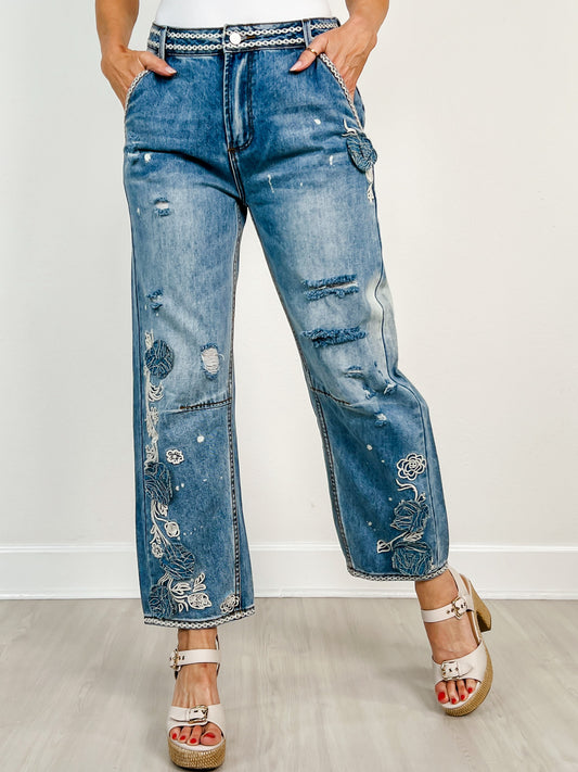 Floral Embroidered Distressed Wide Leg Jeans