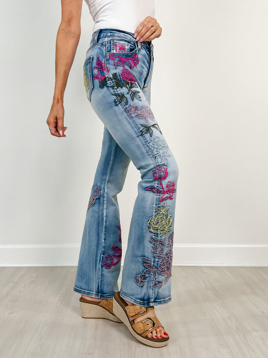 Washed Floral Embroidery Stretch Jeans