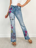 Washed Floral Embroidery Stretch Jeans