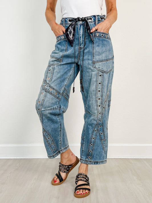 Washed Grommet Detail Barrel Denim Pants