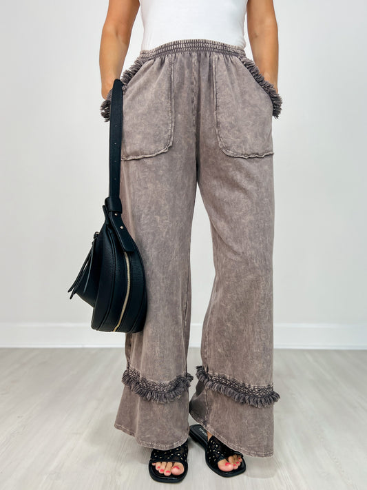 Washed Grey Fringe Hem Wide-Leg Pants