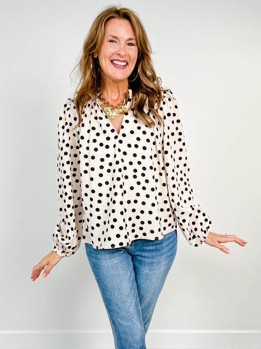 Polka Dot Balloon Sleeve Ruffled V-neck Top