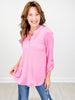 Lizzy 3/4" Length Sleeve Top with Mandarin Collar and Split Neckline
