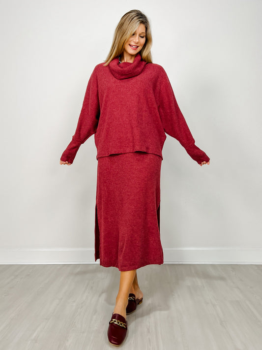 Brushed Thermal Cowl Neck 2-Piece Set in Wine
