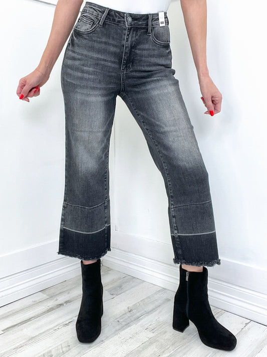 Judy Blue Mila High Waist Wide Release Hem Cropped Grey Denim Jeans