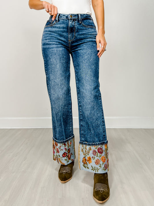 Wide Leg Cuff Embroidered Jeans