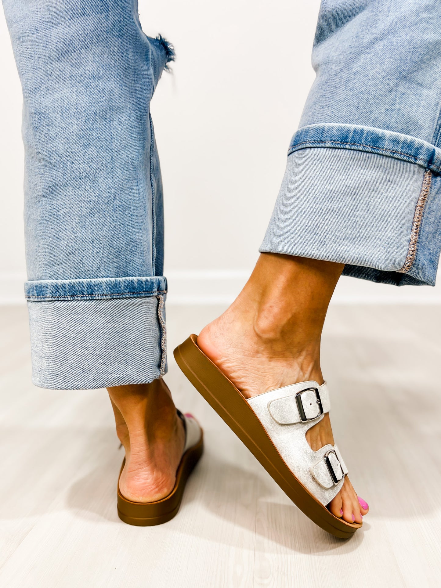 Corkys Lets Be Real Double Buckle Sandals in WHITE METALLIC