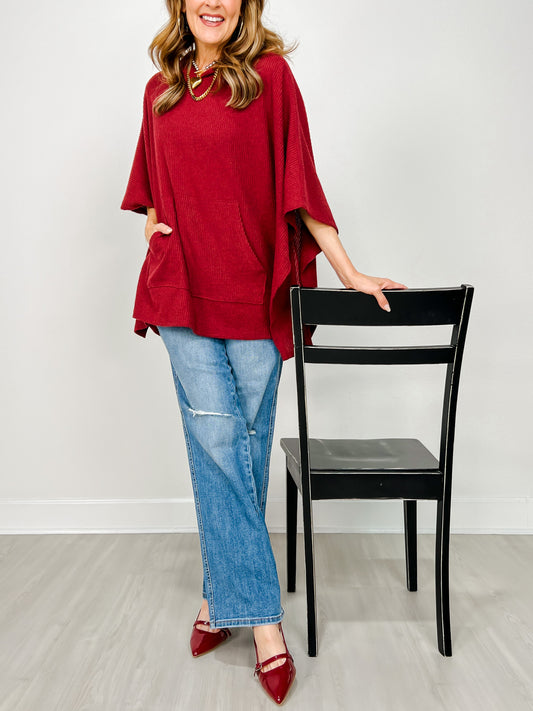 Hooded Dolman Sleeve Poncho Top with Kangaroo Pocket in Wine