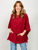 Hooded Dolman Sleeve Poncho Top with Kangaroo Pocket in Wine