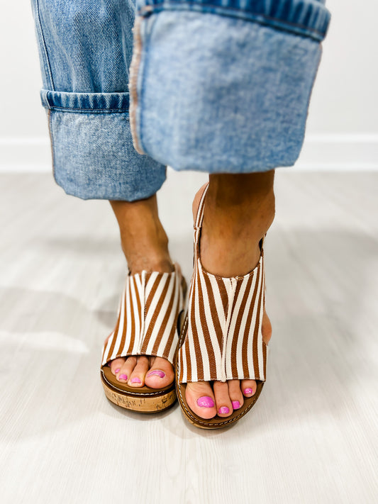 Corkys Carley Wedges in TAN WHITE STRIPE