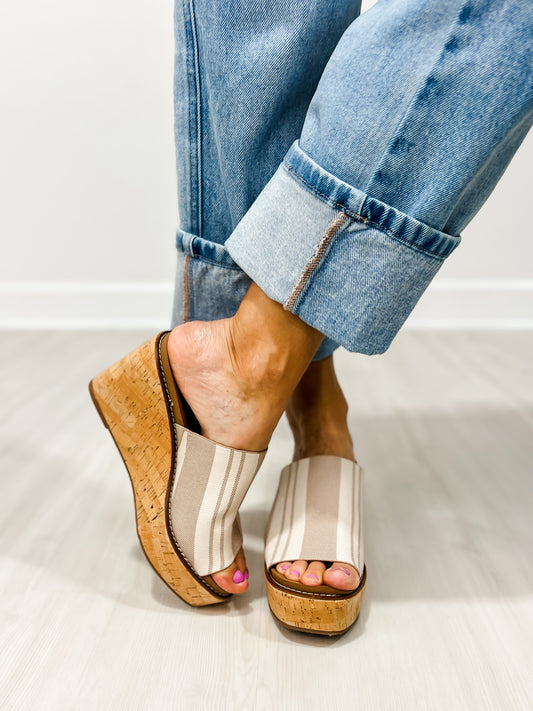 Corkys Mugshot Slip-On Wedges in TAN NATURAL STRIPE