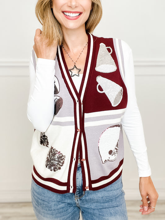 Queen of Sparkles Maroon & Grey Colorblock Football Icon Button Up Sweater Vest