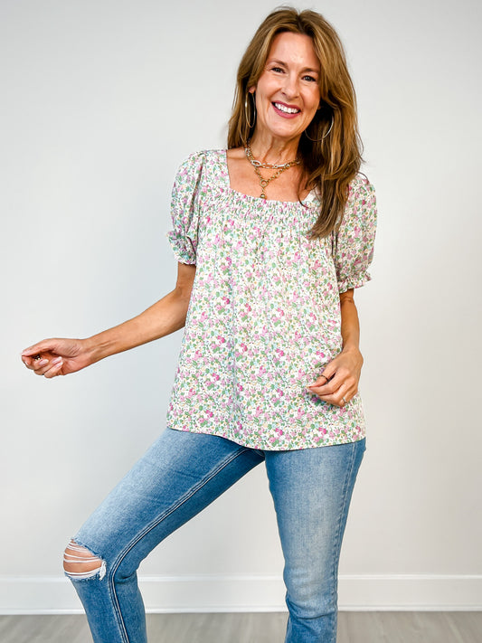 Smocked Floral Print Top