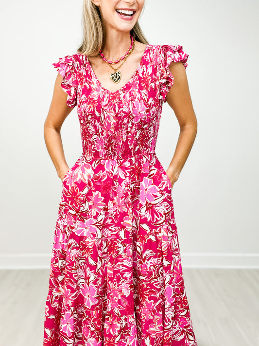 Tropical Floral Smocked Ruffled Tank Dress