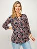 3/4 Sleeve Lizzy Top with 3-Button Neckline in Dark Teal Floral Print