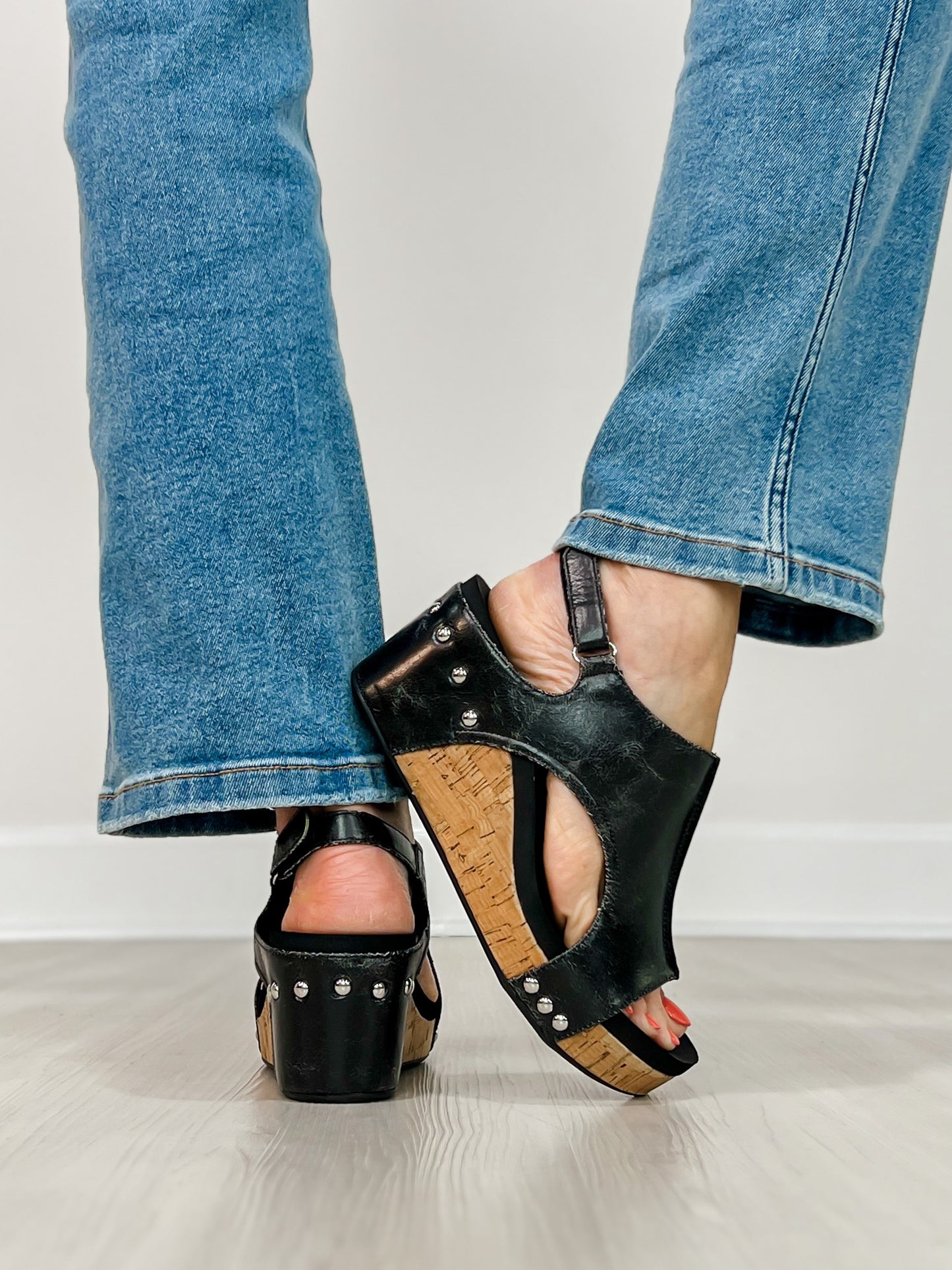 Corkys Carley Wedges in BLACK CRACKLE