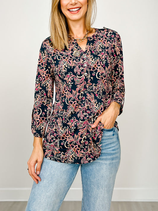 3/4 Sleeve Lizzy Top with 3-Button Neckline in Dark Teal Floral Print