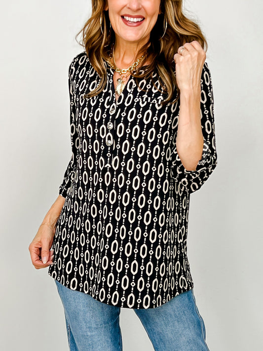 3/4 Sleeve Lizzy Top with 3-Button Neckline in Black Print