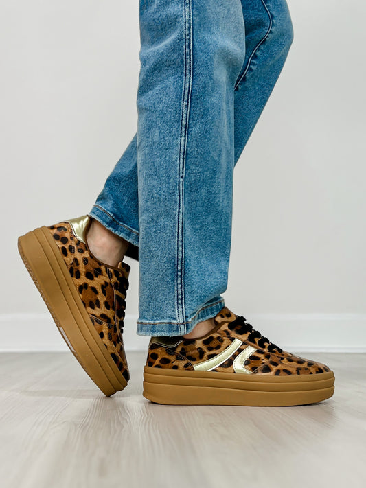 Semi Platform Double Stripe Low Sneakers in Leopard/Gold