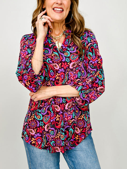 3/4 Sleeve Lizzy Top in Wine Floral Print