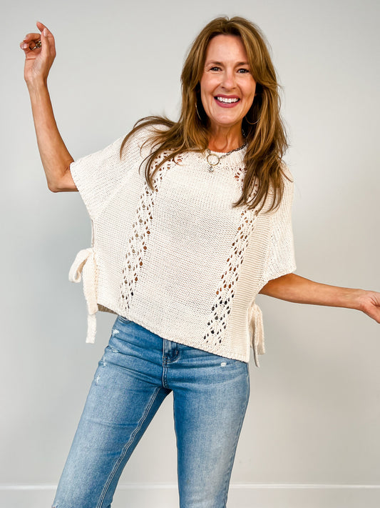 Textured Garter Knit Sweater With Side Lace