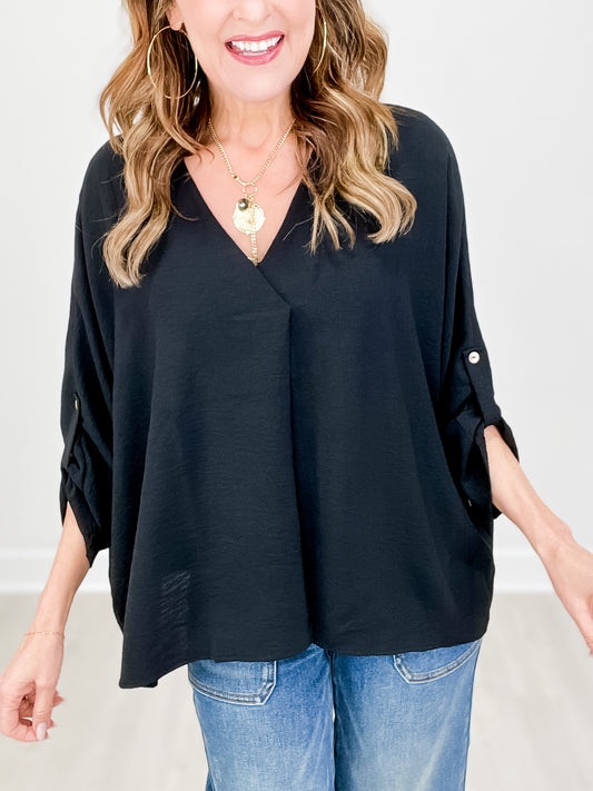 V-Neck Half Sleeve Top with Button Detail Sleeves