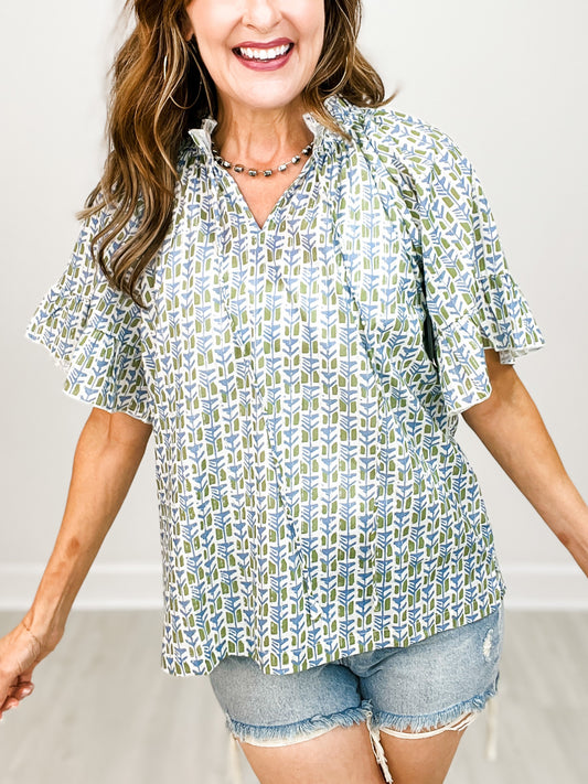 The Bell Green and Blue Short Sleeve Top