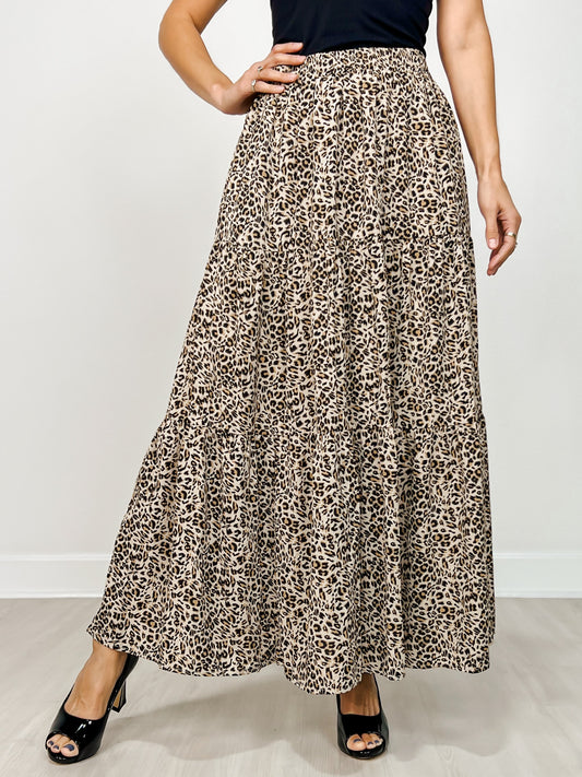 Leopard Print Lined Tiered Maxi Skirt