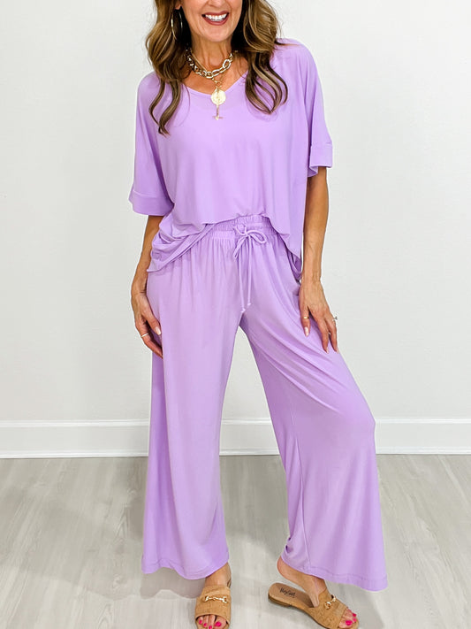 Cabana V-Neckline Tunic Top with Loose Wide Leg Pants Set in Lilac