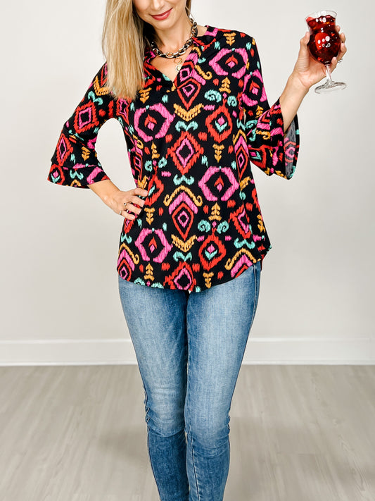 Lizzy 3/4 Bell Sleeve Top in Black Aztec Print